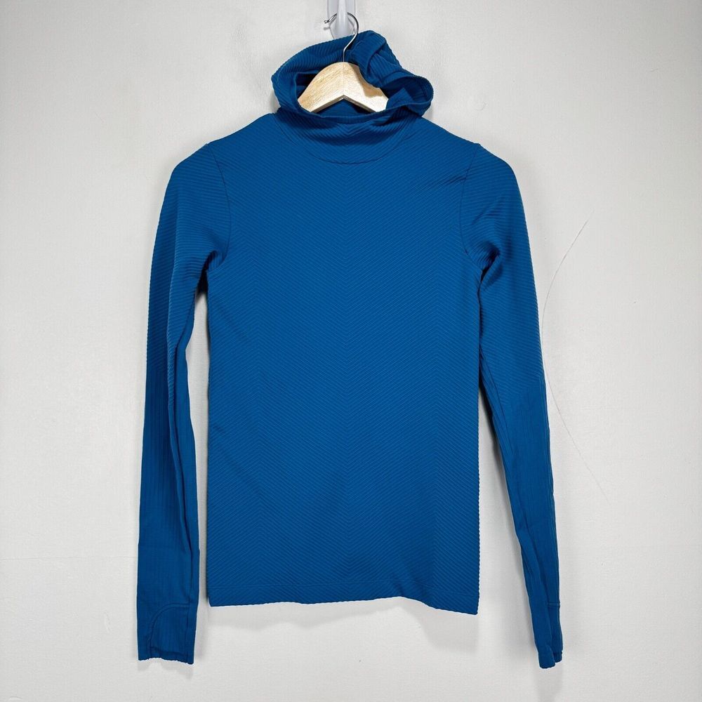 Athleta Essence Ribbed High Neck Hoodie Shirt Women XS Blue Stretch Gym Athletic